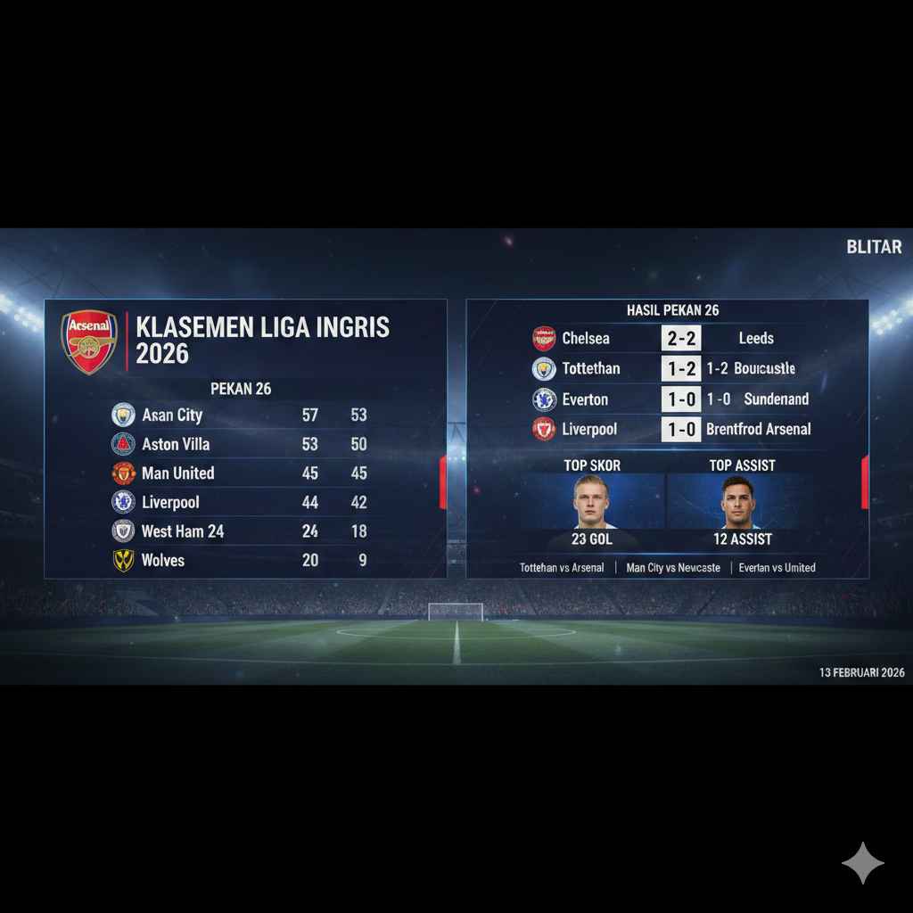 Hasil dan Klasemen Liga Inggris 2026 Pekan ke-26: Arsenal Kokoh di Puncak, Man City Tempel Ketat, Tottenham Terpuruk!