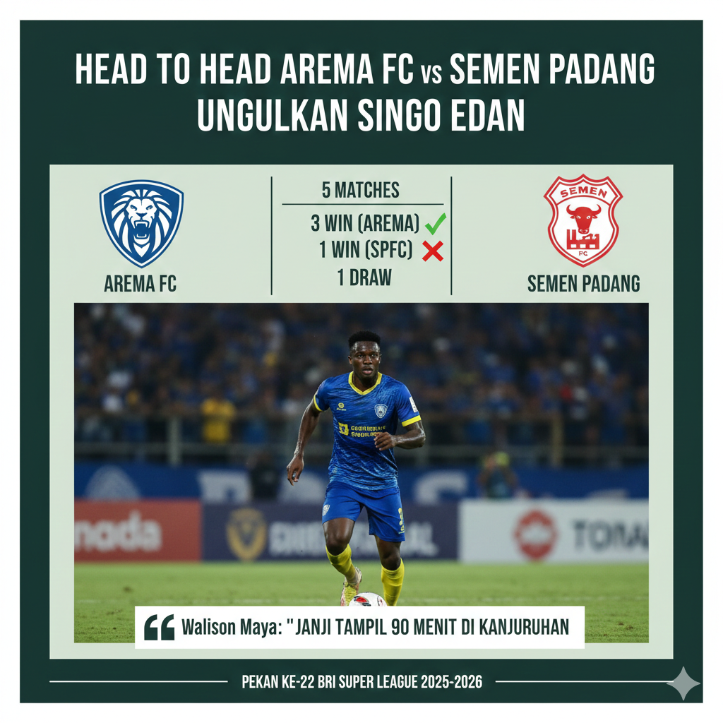 Head to head Arema FC vs Semen Padang unggulkan Singo Edan, Walison Maya janji tampil 90 menit di Kanjuruhan.