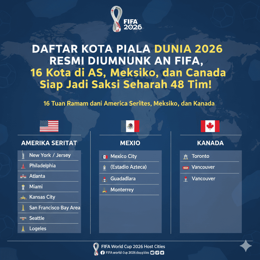 Daftar Kota Piala Dunia 2026 Resmi Diumumkan FIFA, 16 Kota di AS, Meksiko, dan Kanada Siap Jadi Saksi Sejarah 48 Tim!