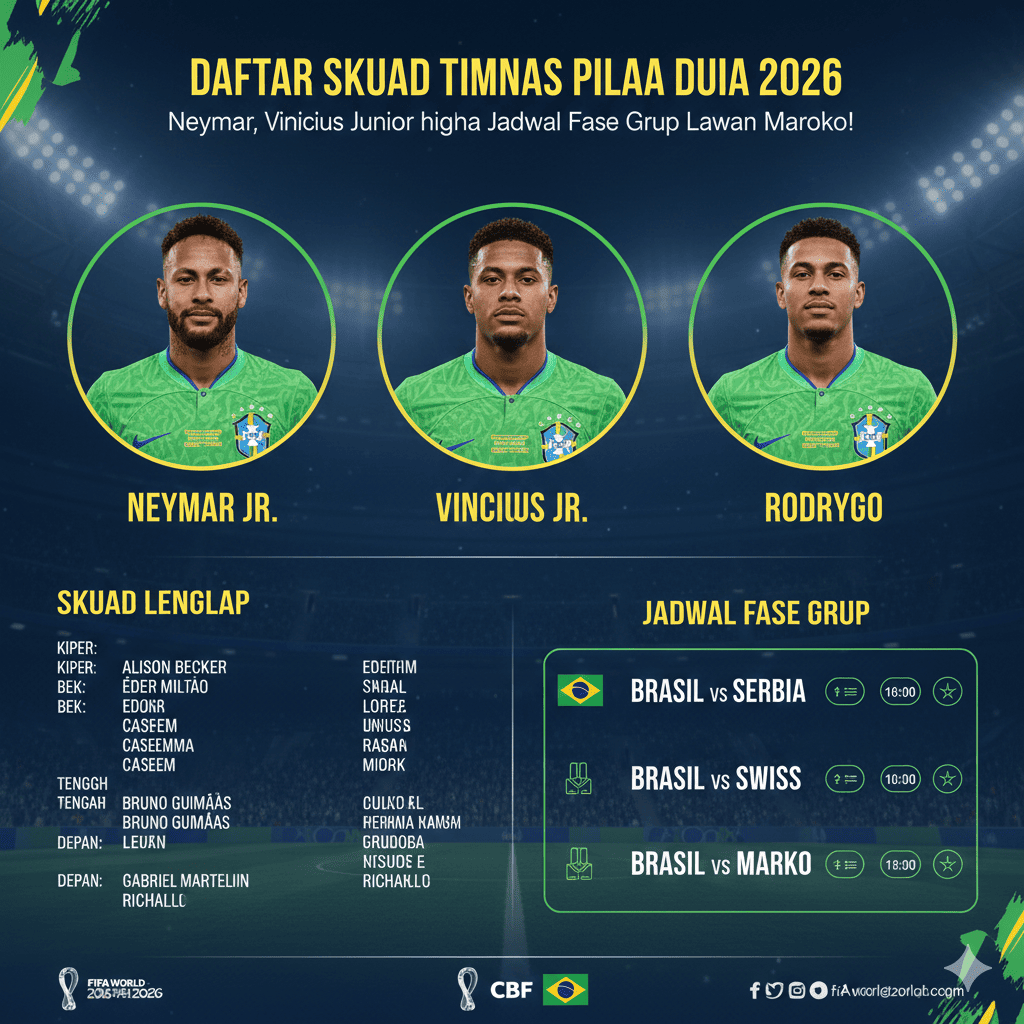 Daftar Skuad Timnas Brasil Piala Dunia 2026: Neymar, Vinicius Junior hingga Jadwal Fase Grup Lawan Maroko!