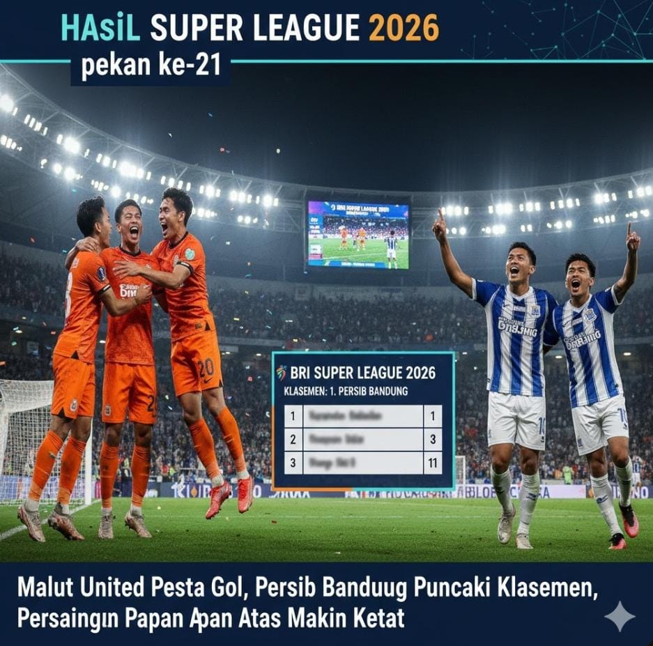 Hasil BRI Super League 2026 pekan ke-21, Malut United pesta gol, Persib Bandung puncaki klasemen, persaingan papan atas makin ketat.