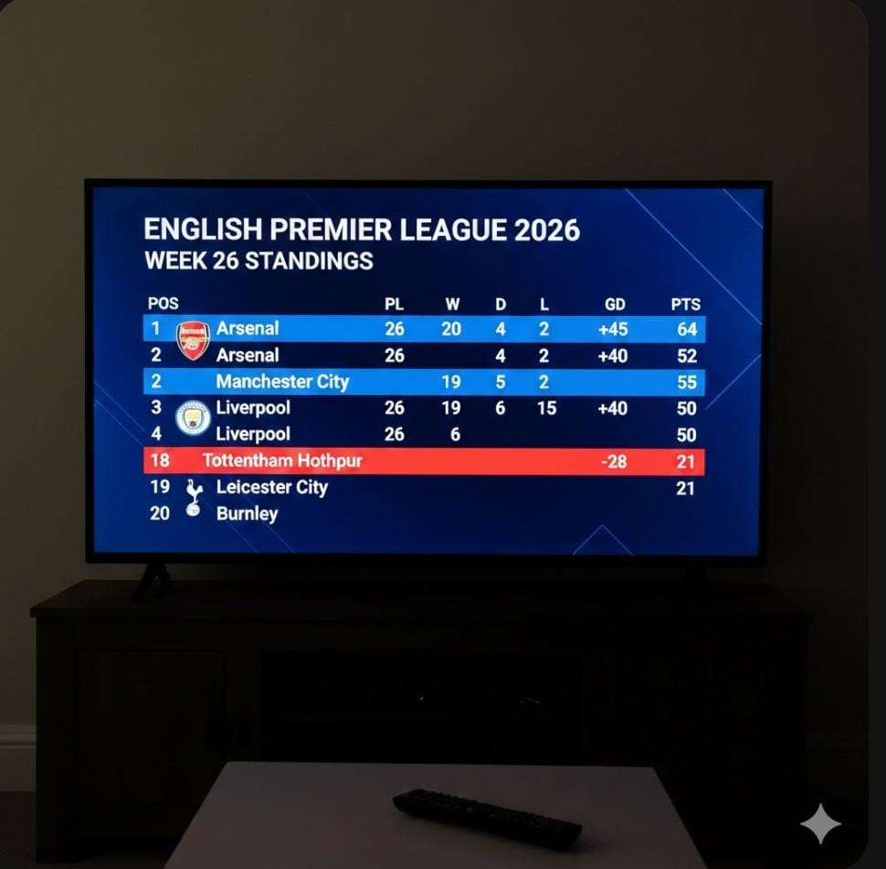 Klasemen Liga Inggris 2026 terbaru pekan ke-26, Arsenal masih puncak, Man City membayangi, Tottenham terancam zona degradasi.