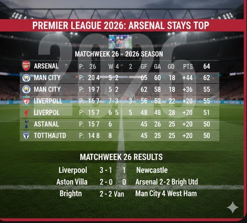 Hasil Liga Inggris 2026 pekan ke-26, Arsenal tetap puncak klasemen, Manchester City menempel ketat, Liverpool dan Aston Villa raih kemenangan.