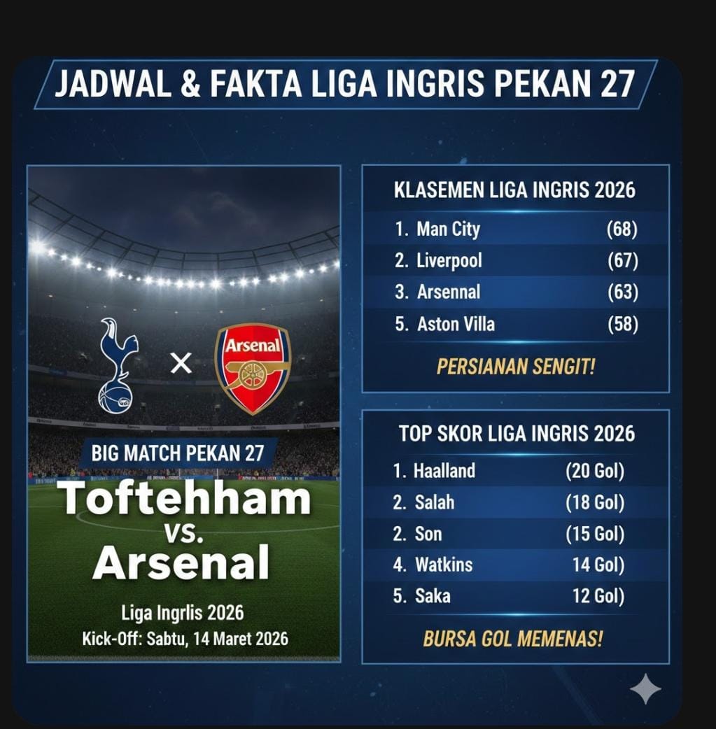 Jadwal Liga Inggris Pekan ke-27 menghadirkan big match Tottenham vs Arsenal, persaingan klasemen dan top skor Liga Inggris 2026 makin sengit.
