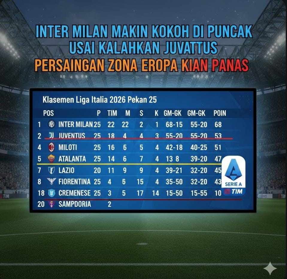 Klasemen Liga Italia 2026 pekan 25: Inter Milan makin kokoh di puncak usai kalahkan Juventus, persaingan zona Eropa kian panas.