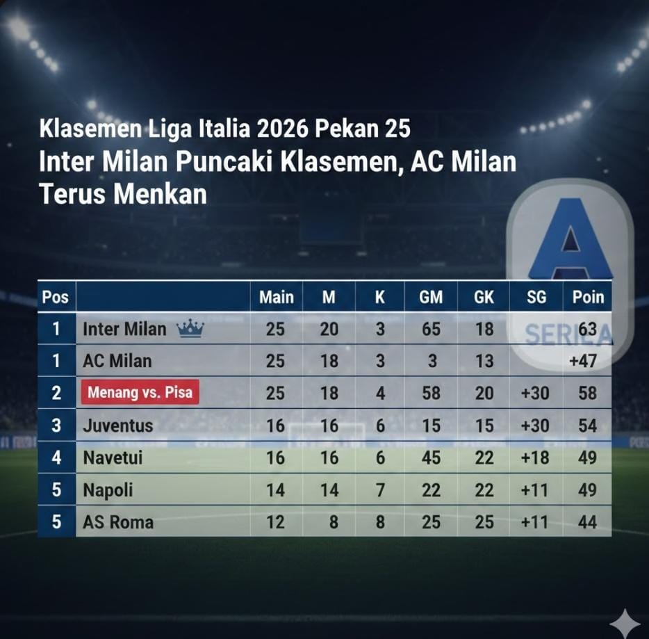 Klasemen Liga Italia 2026 pekan 25: Inter Milan tetap puncaki klasemen, AC Milan terus menekan usai menang atas Pisa.