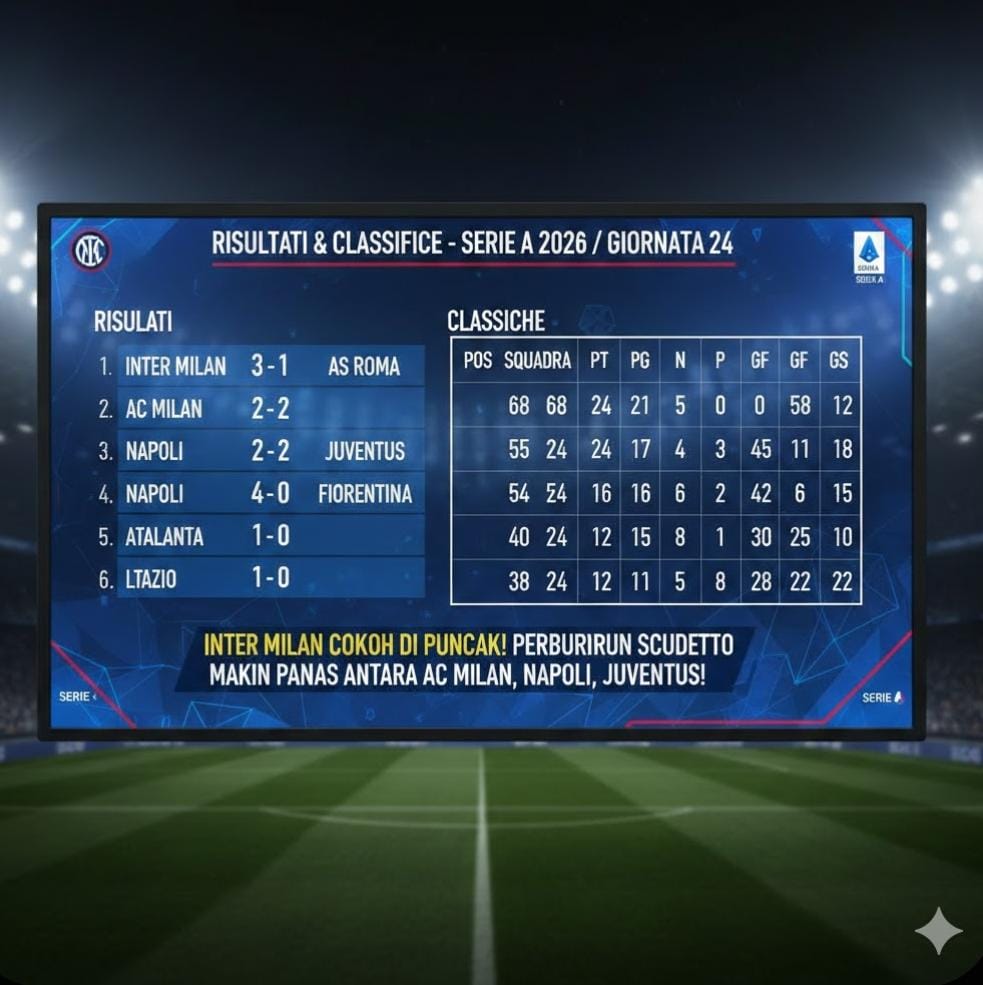 Hasil dan klasemen Liga Italia 2026 pekan 24: Inter Milan kokoh di puncak, persaingan AC Milan, Napoli, dan Juventus makin panas.