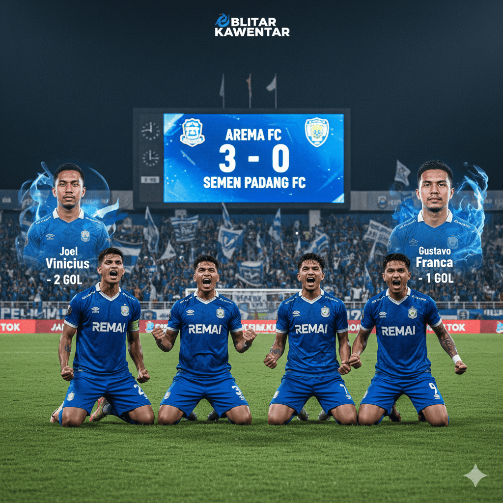 Arema FC menang telak 3-0 atas Semen Padang di Kanjuruhan. Joel Vinicius dan Gustavo Franca bawa Singo Edan ke papan tengah klasemen.