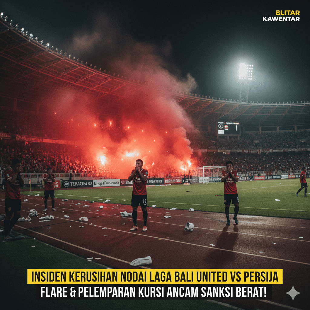 Laga Persija vs Bali United diwarnai aksi lempar kursi dan flare. Bali United terancam denda ratusan juta dan sanksi Komdis PSSI.