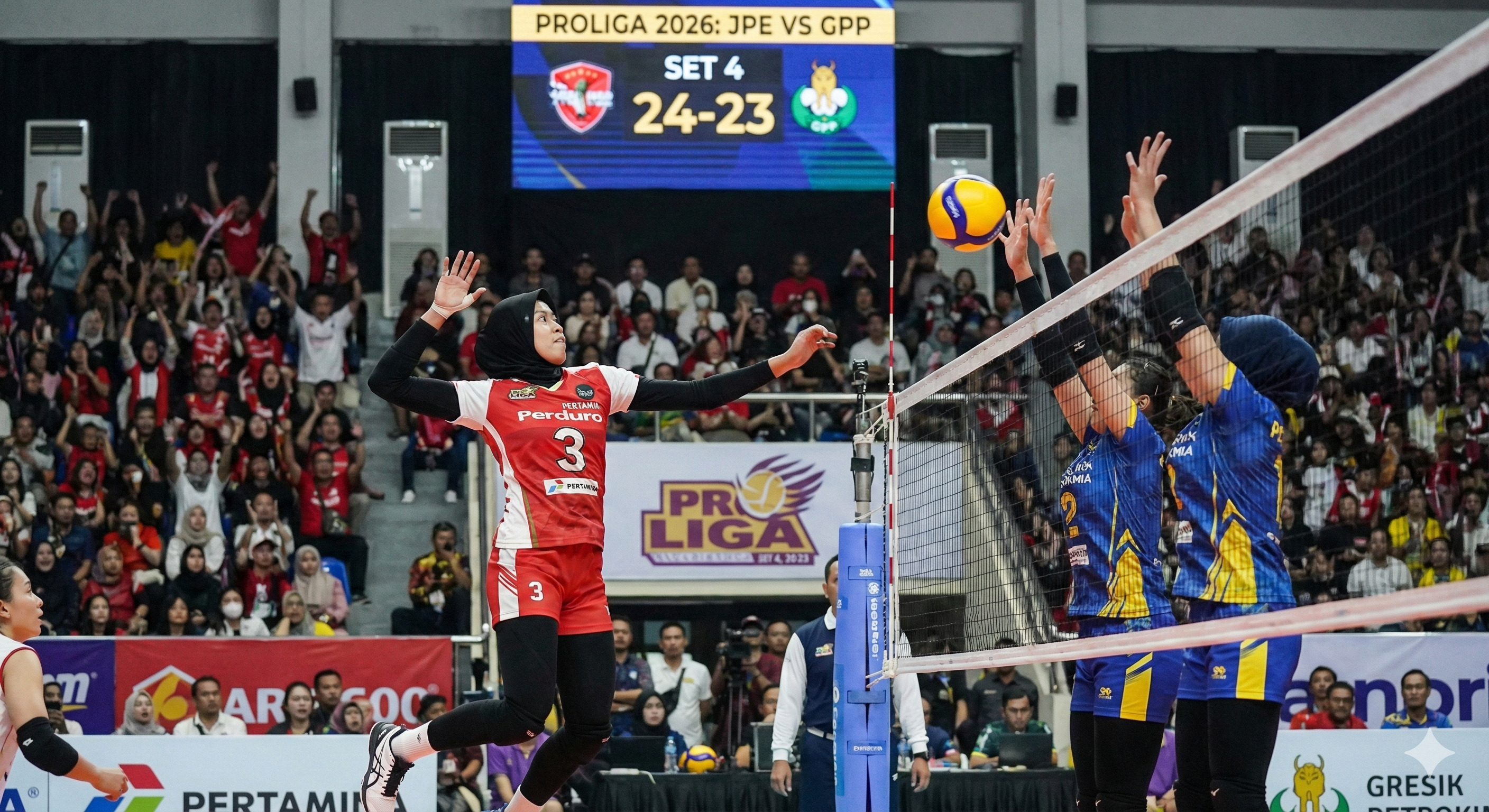 Laga panas Jakarta Pertamina Enduro vs Gresik Petrokimia tutup fase reguler Proliga 2026. Megawati Hangestri bidik rekor 200 poin.