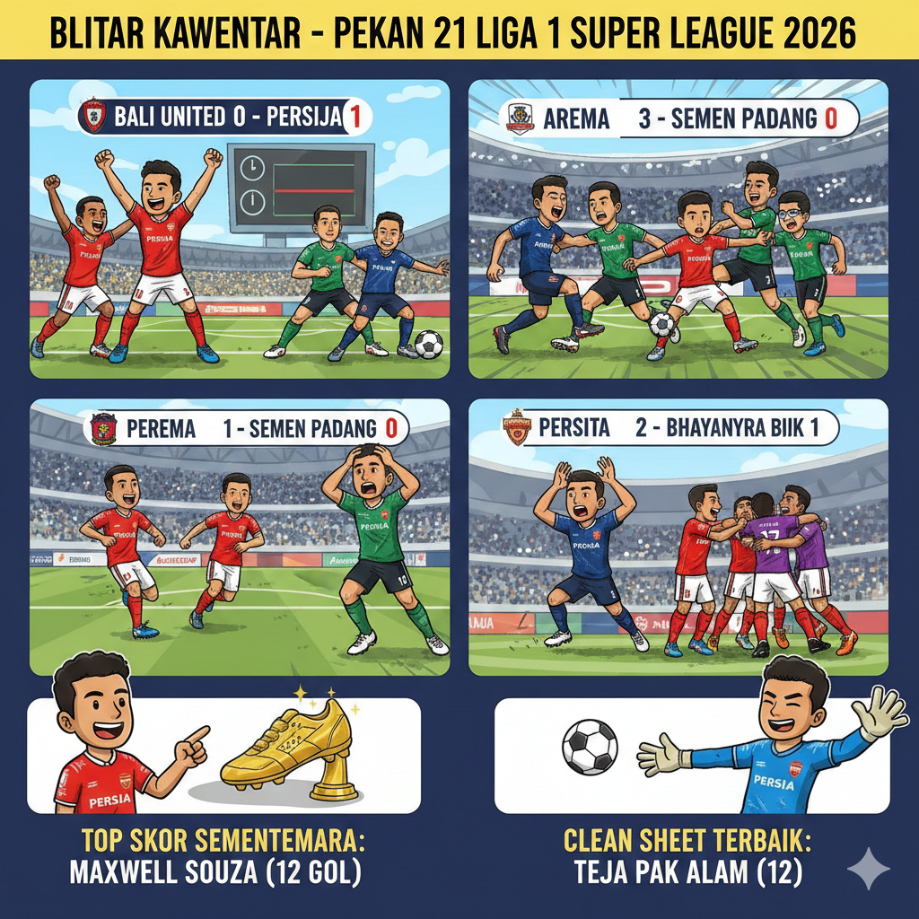 Hasil Liga 1 pekan ke-21: Persija menang tipis atas Bali United, Arema FC pesta gol. Cek klasemen terbaru dan daftar top skor Maxwell Souza di sini.