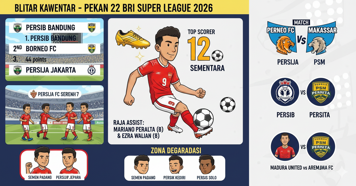 Cek jadwal lengkap pekan ke-22 BRI Super League, klasemen terbaru, dan daftar top skor yang dipimpin Maxwell Souza. Persib Bandung masih di puncak!