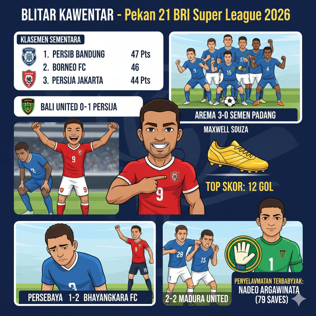 Update hasil BRI Super League 2026 pekan ke-21. Persija Jakarta menang atas Bali United, Arema FC gilas Semen Padang, dan cek klasemen terbaru Persib Bandung.
