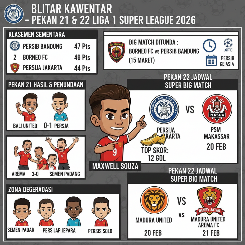 Hasil Liga 1 Super League 2026 pekan ke-21: Persija menang, Arema pesta gol, dan jadwal tunda Borneo FC vs Persib Bandung. Cek klasemen & top skor terbaru!