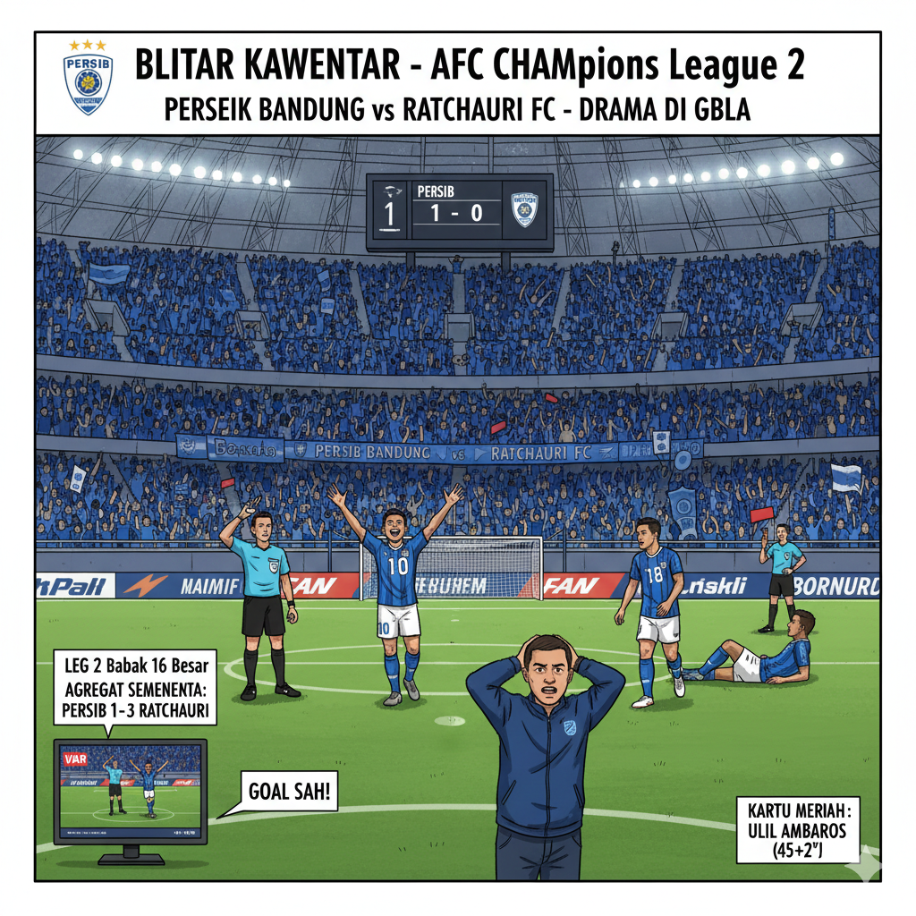 Persib Bandung unggul 1-0 atas Ratchaburi FC lewat gol Andrew Jung di leg 2 ACL2. Sayang, Ulil Ambaros kena kartu merah jelang babak kedua.