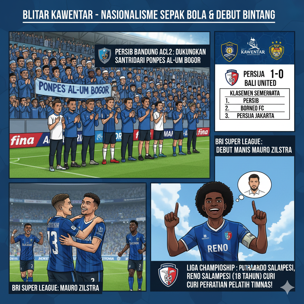 Persib Bandung dapat dukungan doa ribuan santri di GBLA. Mauro Zijlstra debut di Persija, dan Reno Salampesi bersinar di Persipura hingga dipantau John Herdman.