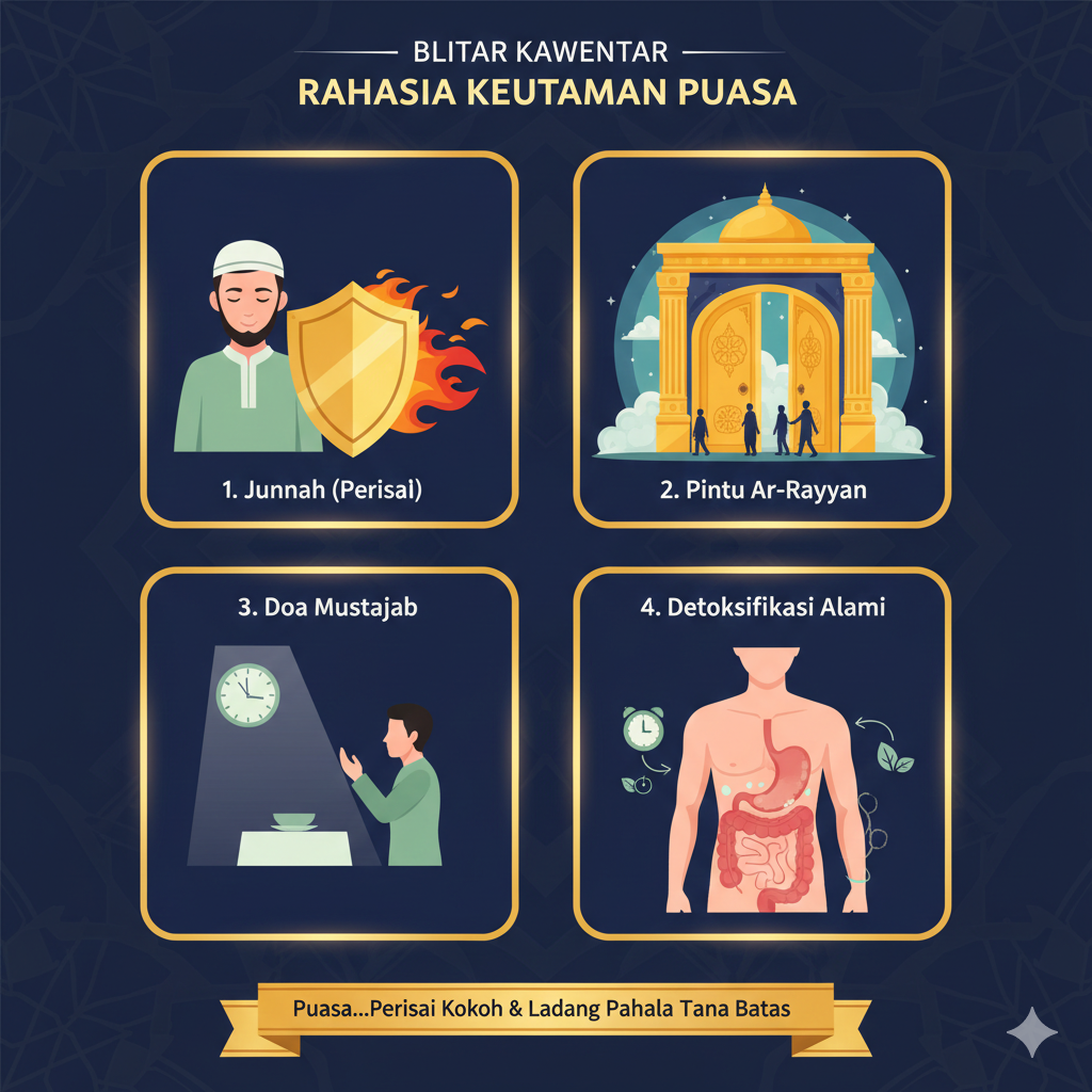 Ketahui keutamaan puasa menurut hadis nabi: mulai dari menjadi perisai api neraka, pintu surga Ar-Rayyan, hingga manfaat kesehatan bagi pencernaan tubuh.