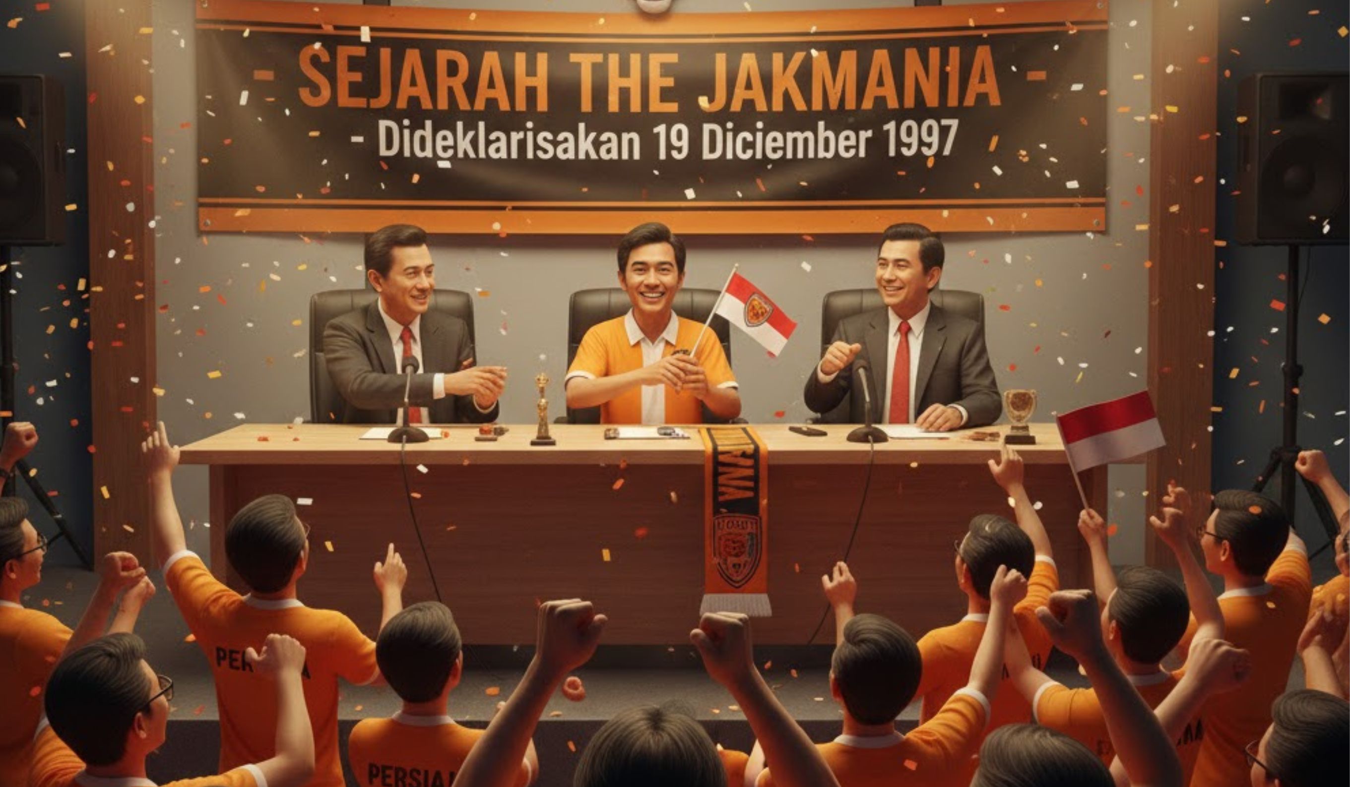 Sejarah The Jakmania sejak 19 Desember 1997, peran Gugun Gondrong dan dukungan manajemen Persija Jakarta.