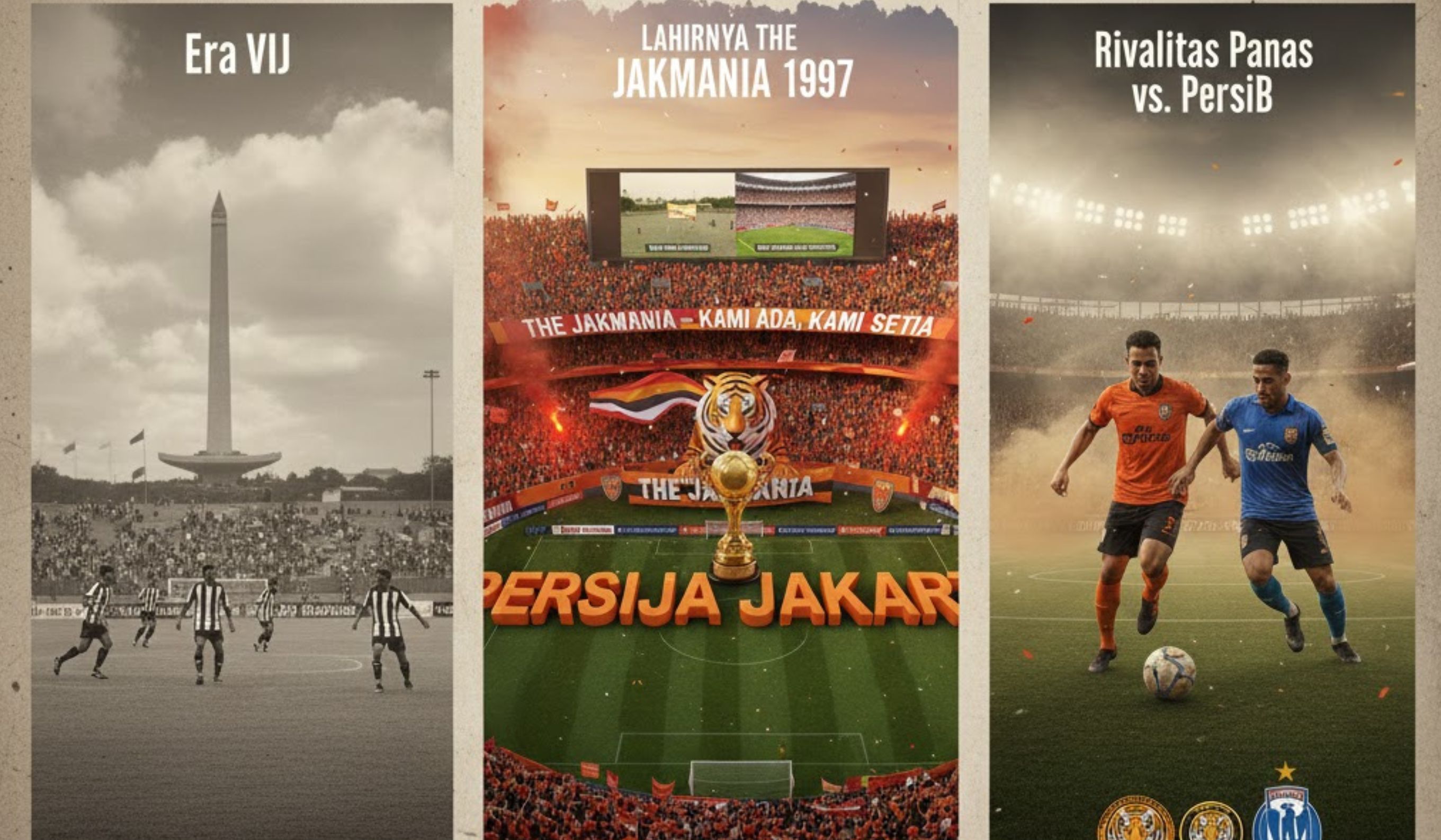 Sejarah Persija Jakarta dari era VIJ, lahirnya The Jakmania 1997, 11 gelar juara, hingga rivalitas panas lawan Persib Bandung.