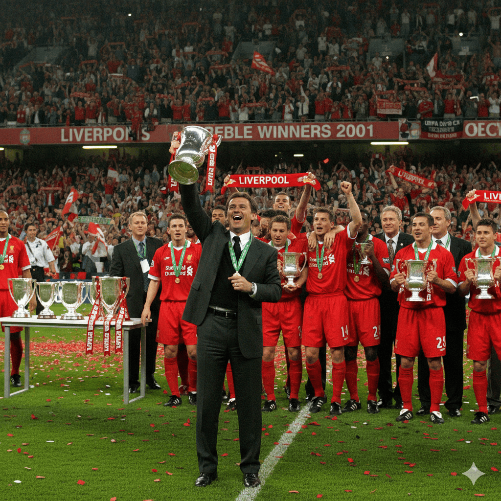 Mengenang rekor lima piala Liverpool 2001 era Gerard Houllier. Kisah heroik Michael Owen hingga sebutan Mickey Mouse Treble yang legendaris.