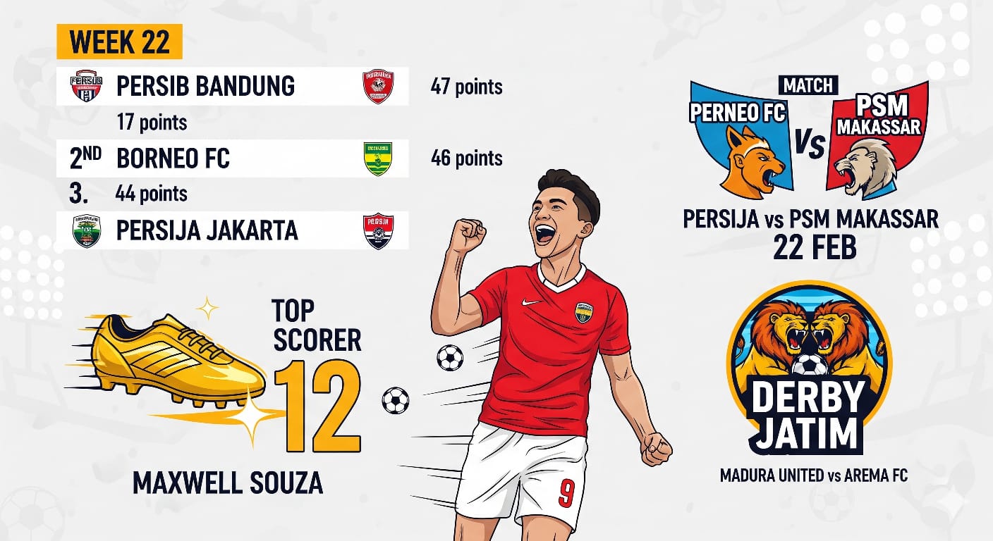 Cek jadwal lengkap BRI Super League pekan ke-22. Persib Bandung kokoh di puncak, Maxwell Souza pimpin top skor, dan ada Derby Jatim Arema FC.