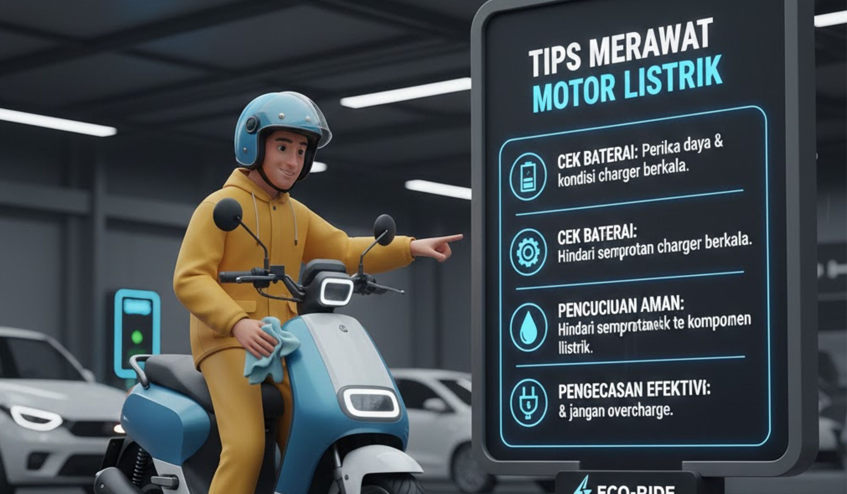 Tips merawat motor listrik: cek baterai, pencucian aman, dan pengecasan efektif agar motor awet, aman, dan performa maksimal.