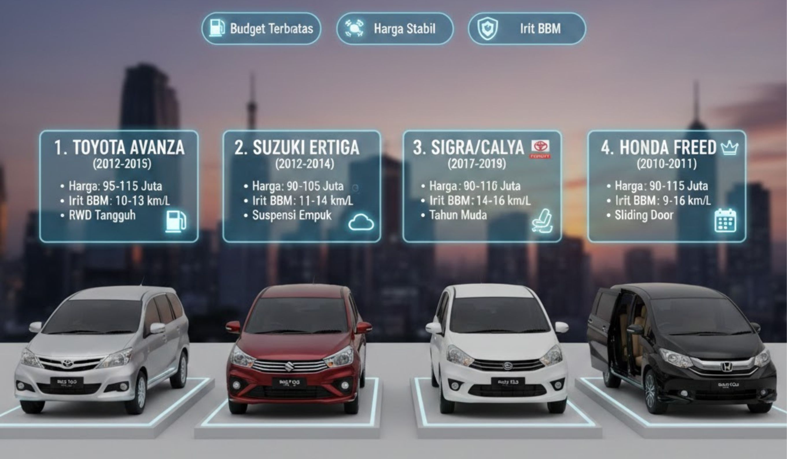 4 rekomendasi mobil MPV keluarga Rp100 jutaan, irit BBM, nyaman, harga stabil, cocok untuk budget terbatas dan keluarga di Indonesia