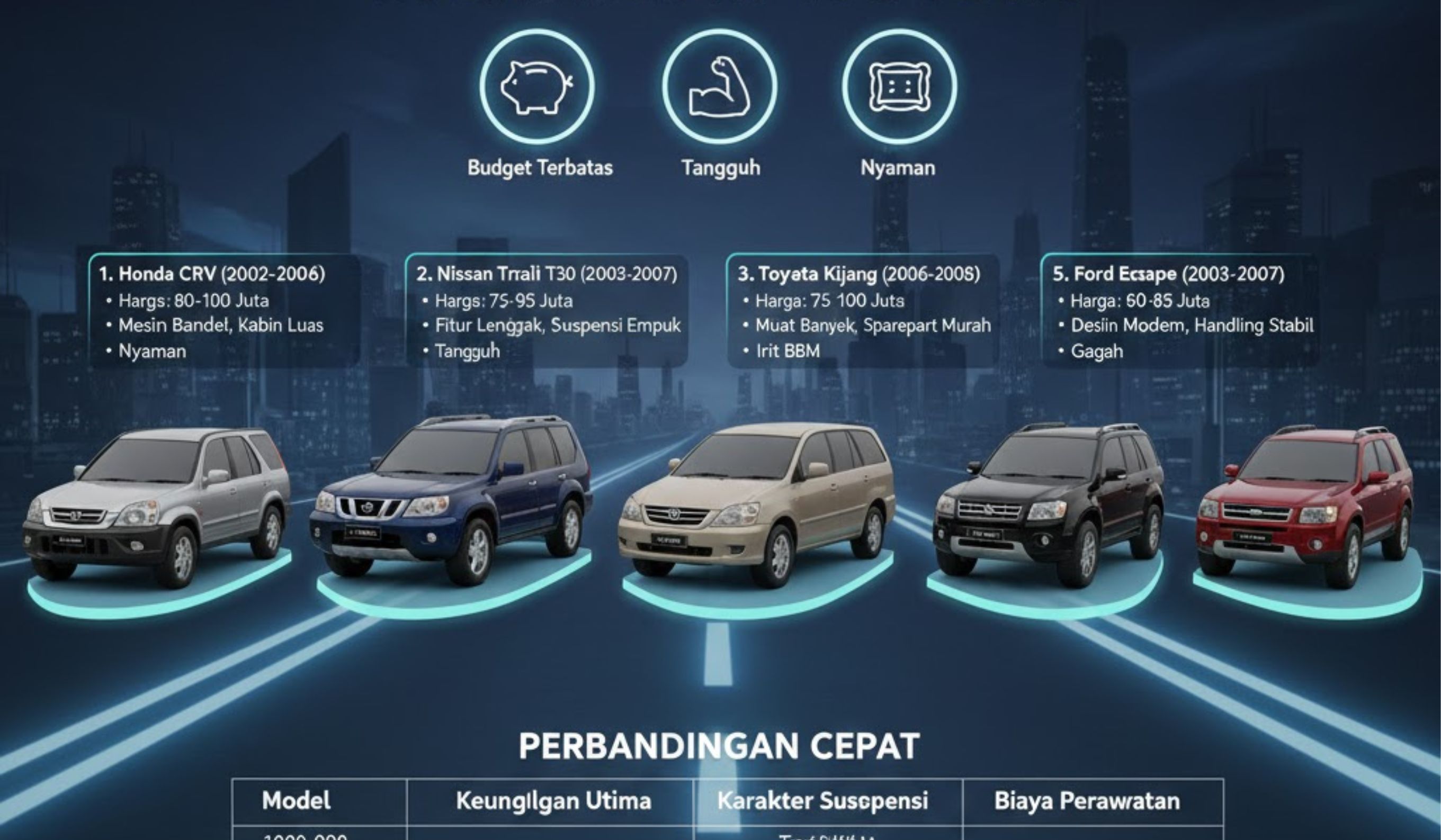 5 rekomendasi mobil SUV bekas di bawah Rp100 juta, nyaman, tangguh, dan siap hadapi jalanan Indonesia untuk keluarga.
