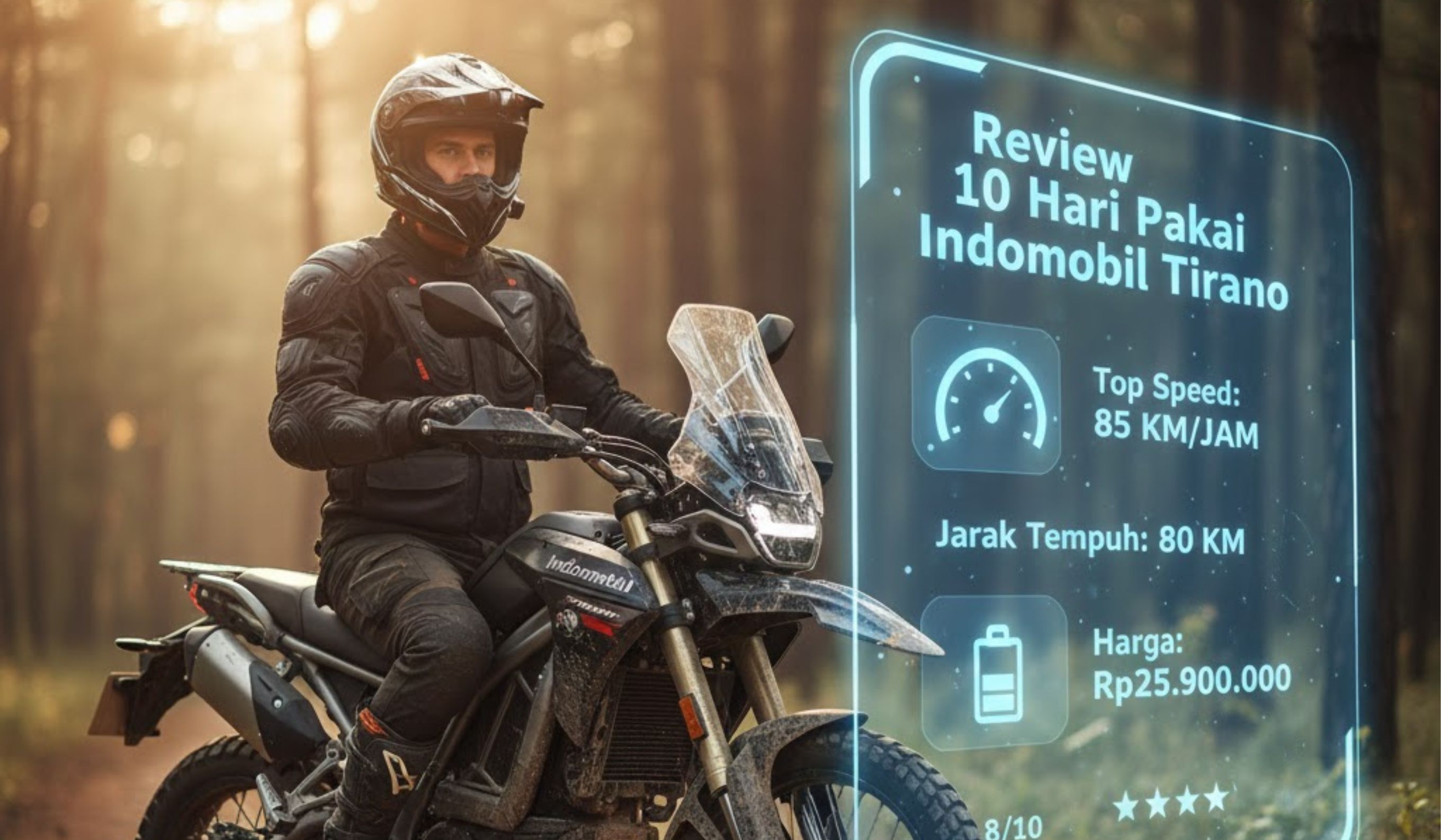 Review 10 hari pakai Indomobil Tirano, motor listrik adventure Rp25,9 juta dengan top speed 85 km/jam dan jarak 80 km.