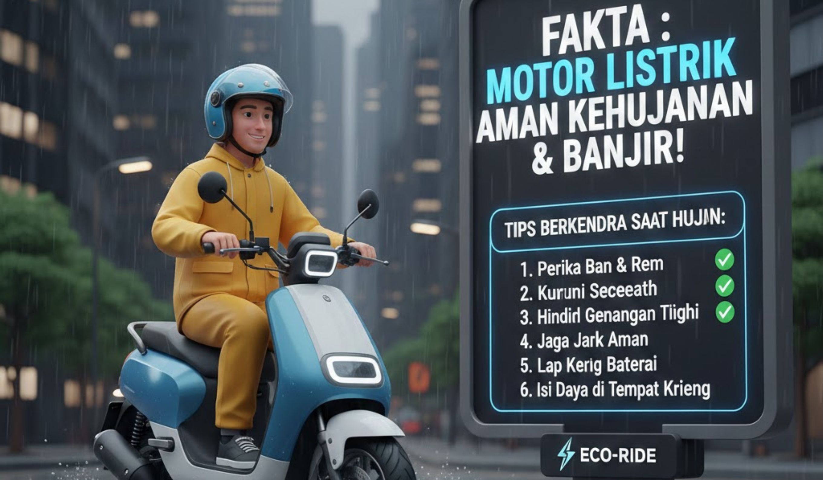 Fakta motor listrik aman kehujanan dan banjir. Tips berkendara agar tetap nyaman, aman, dan baterai awet saat hujan.