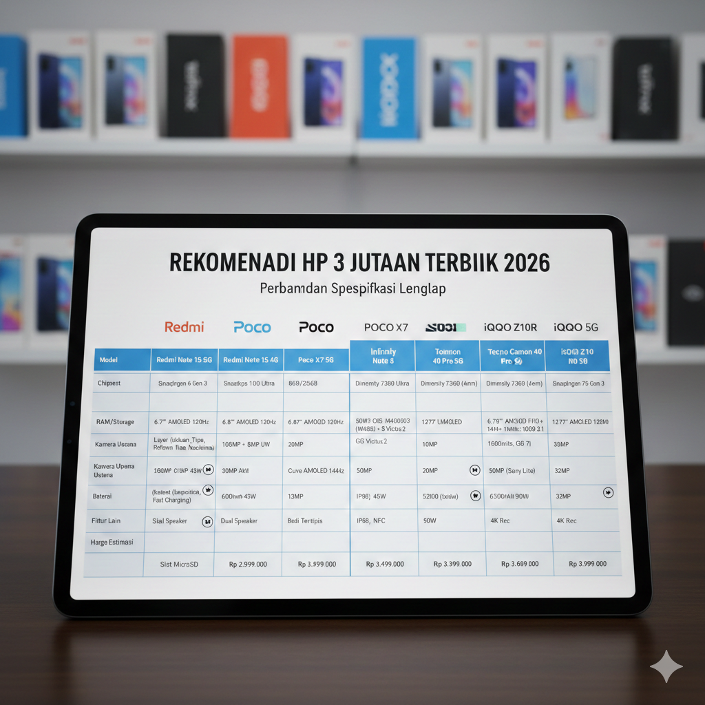 Cek rekomendasi HP 3 jutaan terbaik 2026! Ada Redmi Note 15, Poco X7, hingga iQOO Z10 dengan baterai 7300 mAh. Spek gahar harga pelajar!