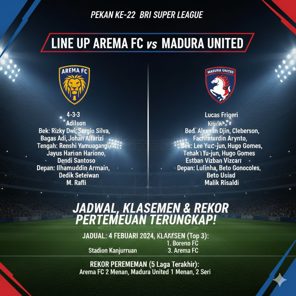 Line Up Arema FC vs Madura United Pekan ke-22 BRI Super League: Jadwal, Klasemen, dan Rekor Pertemuan Terungkap