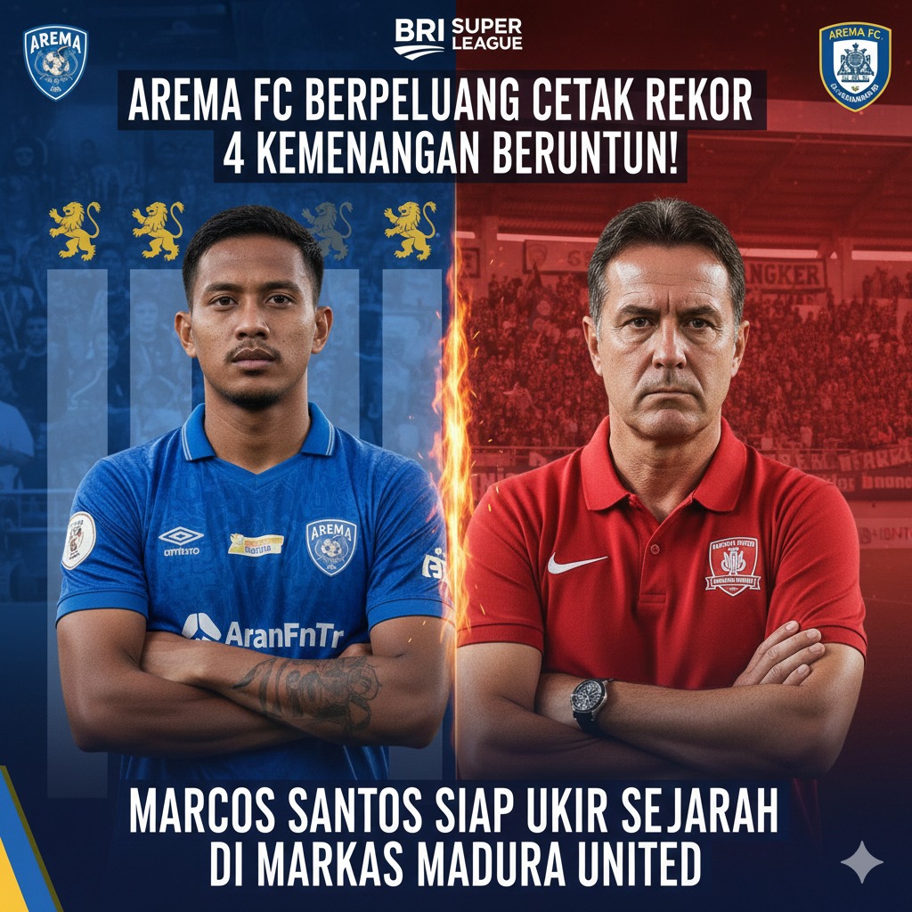 Arema FC Berpeluang Cetak Rekor 4 Kemenangan Beruntun, Marcos Santos Siap Ukir Sejarah di Markas Madura United