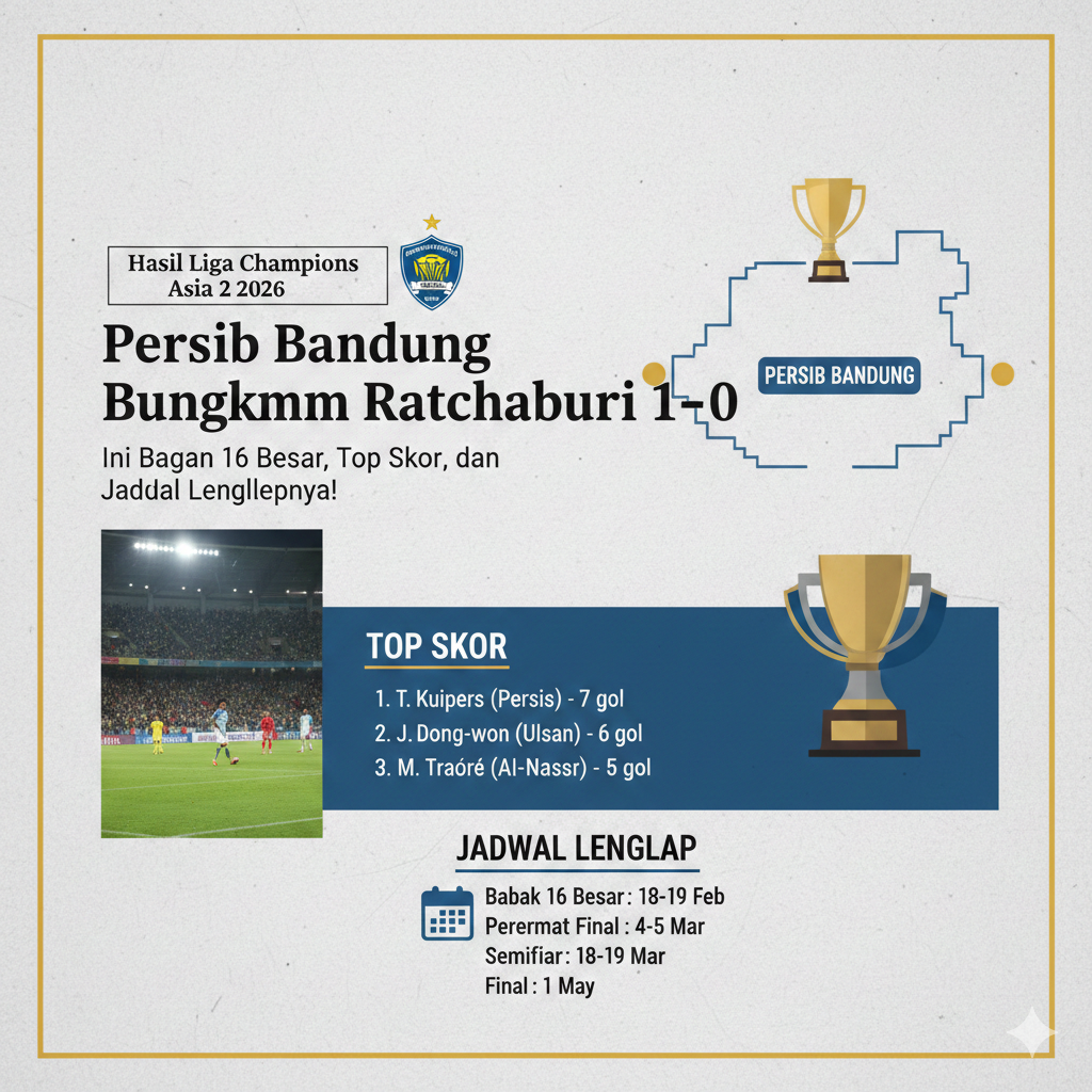 Hasil Liga Champions Asia 2 2026: Persib Bandung Bungkam Ratchaburi 1-0, Ini Bagan 16 Besar, Top Skor, dan Jadwal Lengkapnya!
