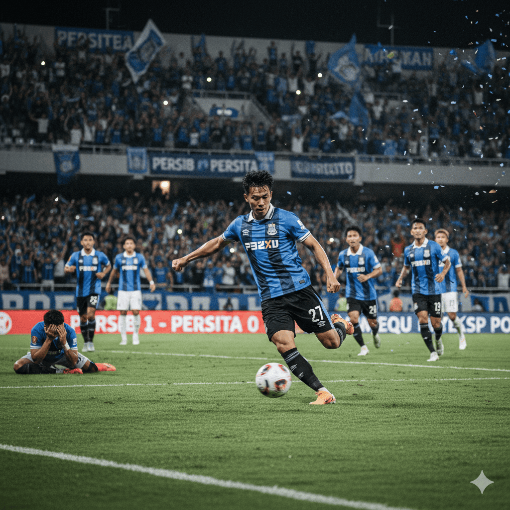 Persib vs Persita GBLA berakhir 1-0! Andrew Yung cetak gol, Igor Rodriguez kartu merah. Maung Bandung makin kokoh di puncak klasemen liga.