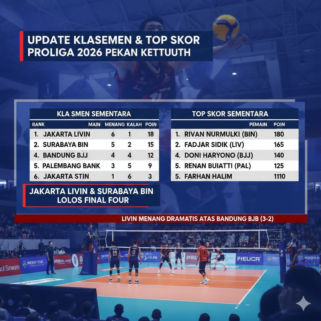 Update Klasemen dan Top Skor Proliga 2026 Pekan Ketujuh.
