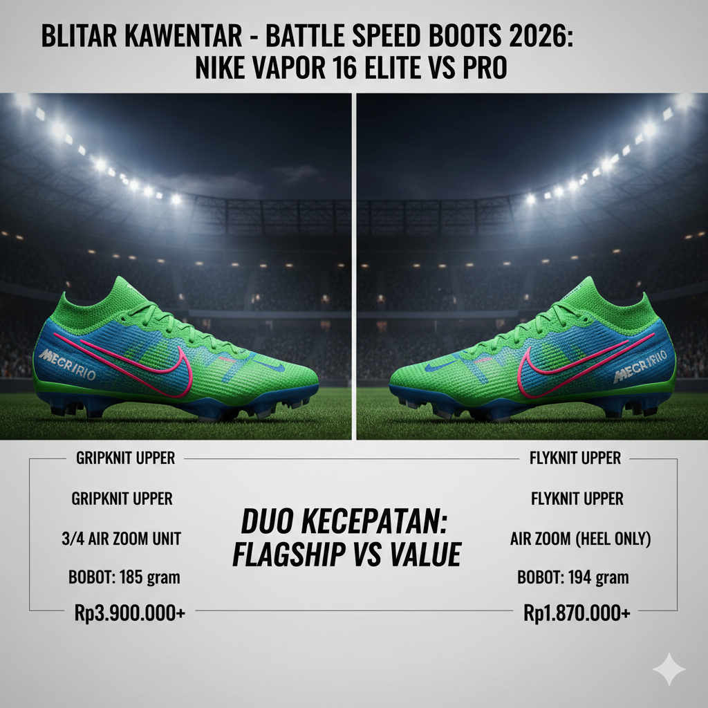 Bingung pilih Nike Vapor 16 Elite atau Pro? Simak perbandingan teknologi Gripknit vs Flyknit, serta unit Air Zoom yang jadi kunci kecepatan Anda di sini!