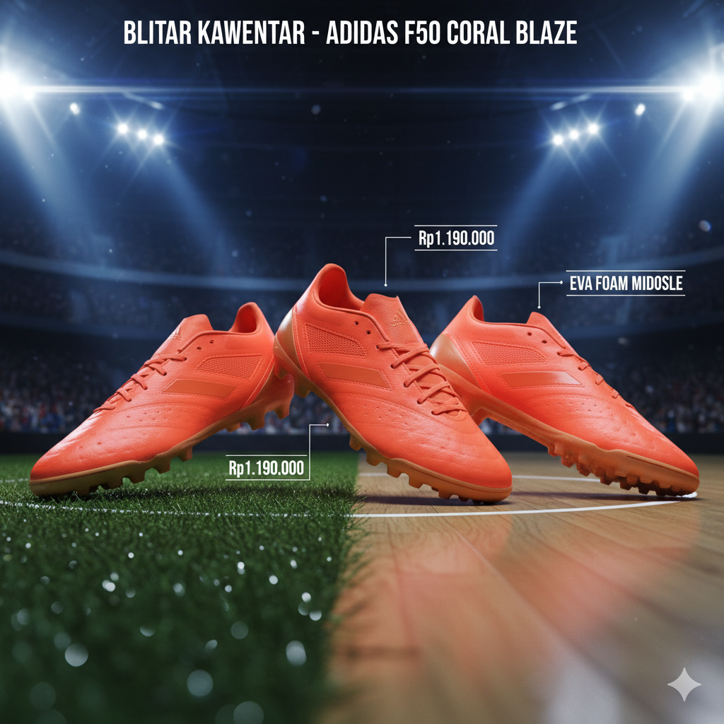 Review Adidas F50 League Coral Blaze: Simak perbedaan versi FG, Turf, dan Indoor. Teknologi Fiber Skin, fitur Laceless, hingga harga terbarunya di sini!
