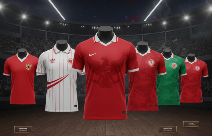 Jersey timnas dari masa ke masa, dari Adidas hingga Mills, menunjukkan evolusi desain, teknologi, dan identitas sepak bola Indonesia.