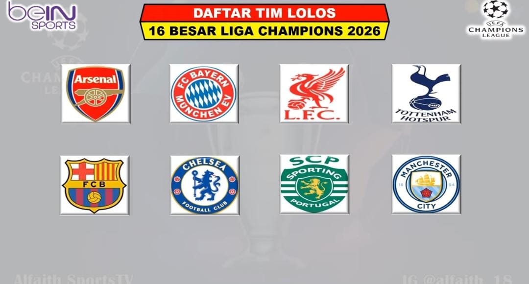 Daftar 16 besar Liga Champions 2026 lengkap, hasil playoff, top skor, dan bagan drawing resmi fase gugur.