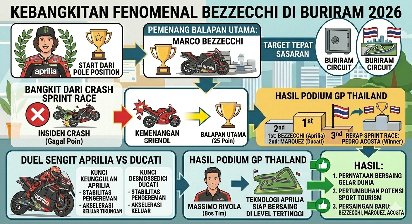 Marco Bezzecchi juara MotoGP Thailand 2026! Simak drama kemenangan Aprilia atas Ducati dan Marc Marquez di seri pembuka musim ini.