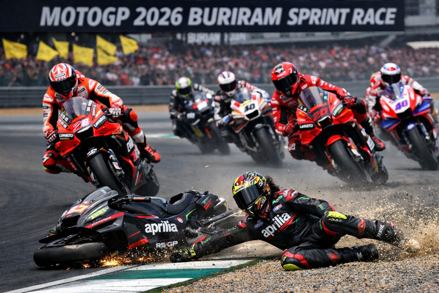Drama MotoGP Thailand 2026: Marco Bezzecchi amankan pole position namun crash di sprint race akibat tekanan Marc Marquez. Simak ulasan lengkap duel Aprilia vs Ducati di Buriram!