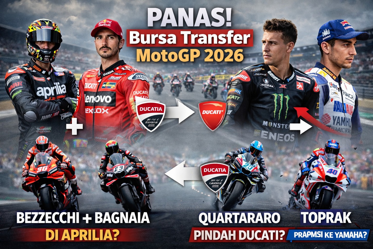 Bursa transfer MotoGP 2026 memanas! Aprilia incar Francesco Bagnaia untuk duet dengan Bezzecchi, sementara Fabio Quartararo beri sinyal tinggalkan Yamaha menuju Ducati.