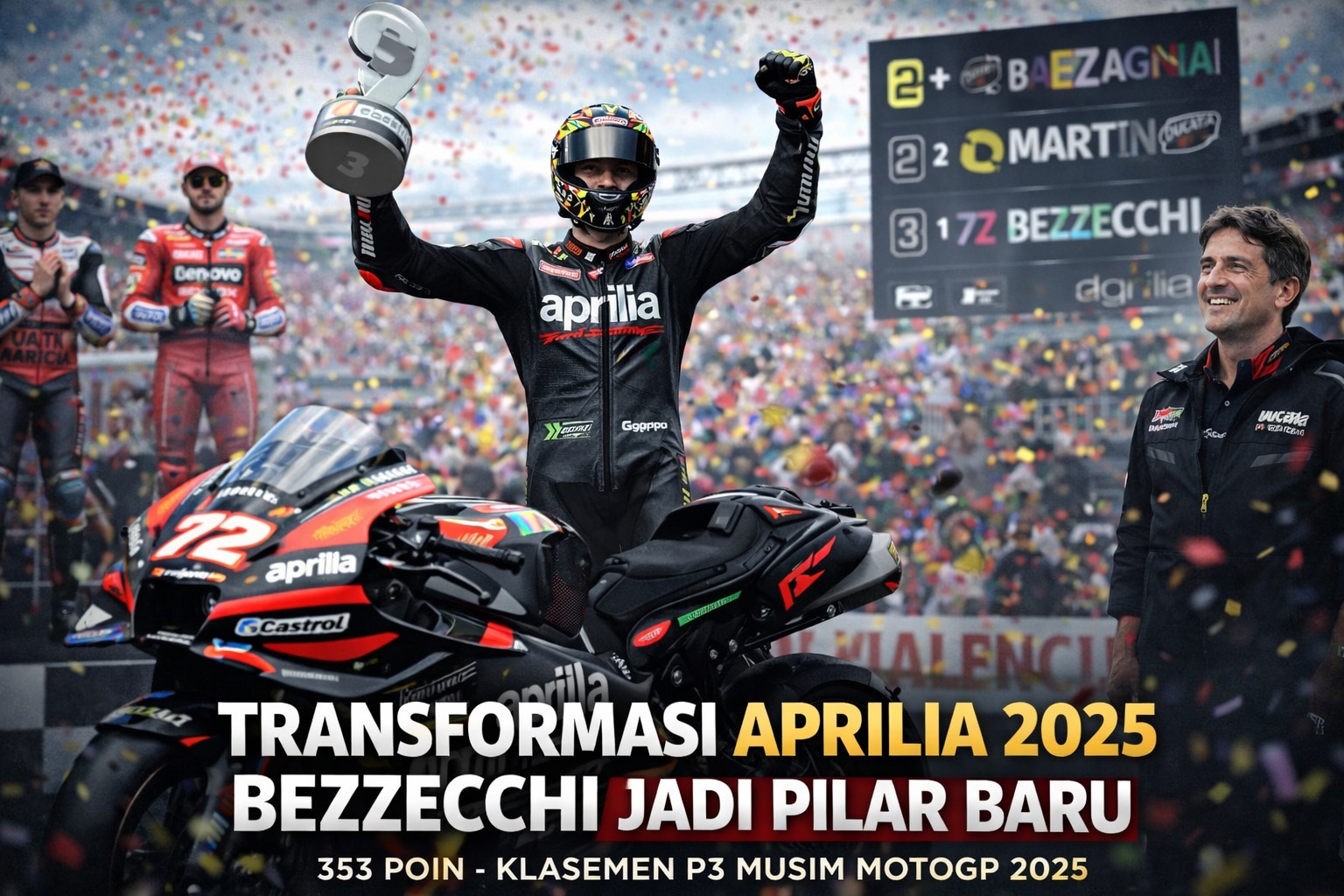 Sejarah tercipta! Marco Bezzecchi finis 3 besar MotoGP 2025 bersama Aprilia. Simak rincian kontrak baru dan bagaimana ia menyalip Pecco Bagn