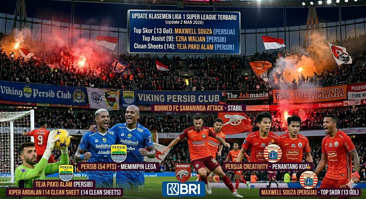 Update Klasemen Liga 1 Super League 2026! Persib Bandung dipuncak, Persita libas PSM, dan duel panas Persija vs Borneo FC. Cek hasil &amp; jadwal lengkapnya!