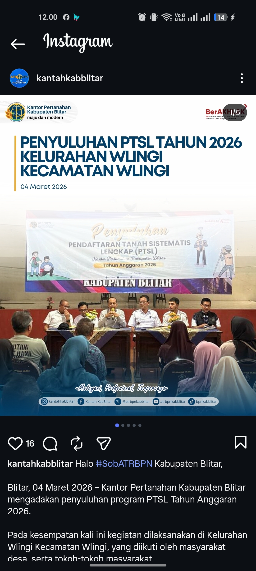 Penyuluhan PTSL 2026 Digelar di Kelurahan Wlingi.