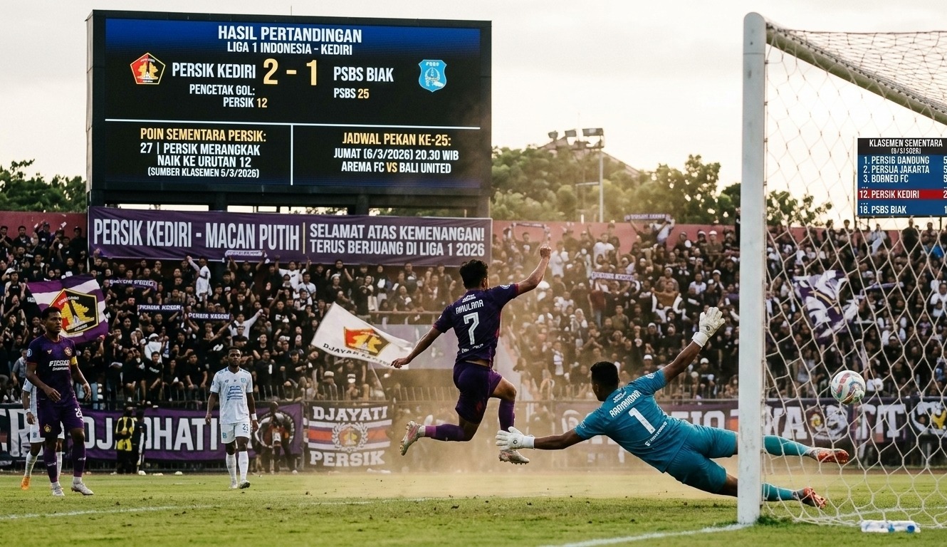 Update Liga 1 2026: Persib nyaman di puncak, Persik Kediri menang tipis atas PSBS Biak. Cek hasil lengkap, klasemen, dan jadwal pekan ke-25 