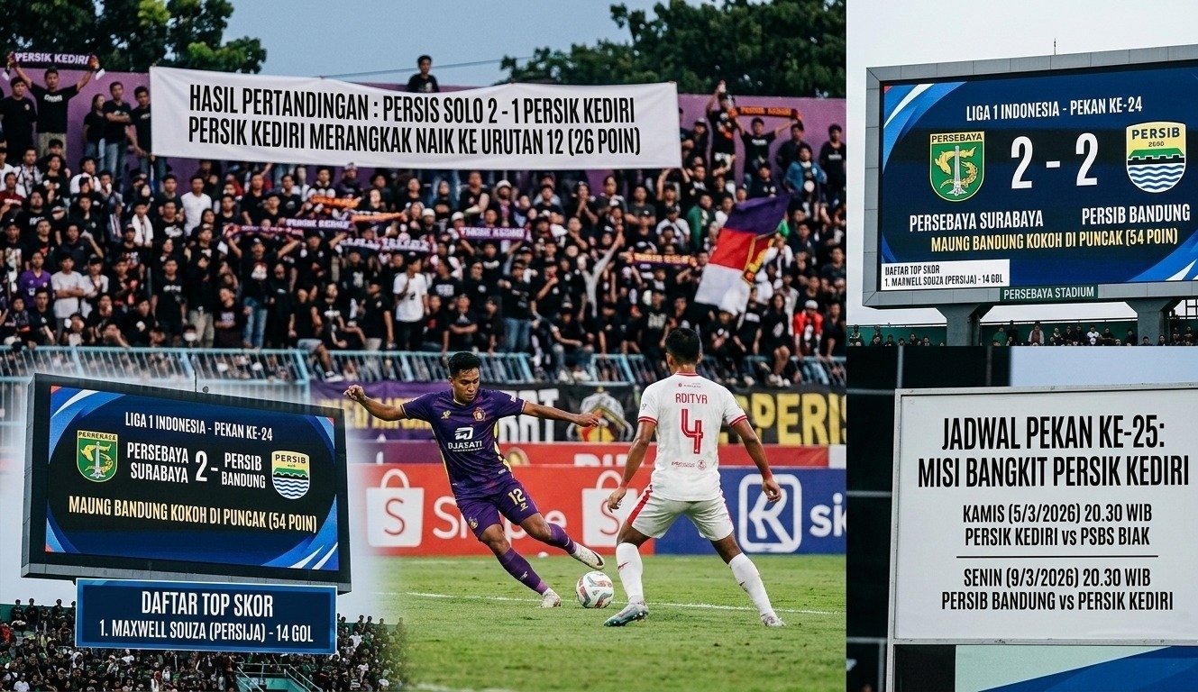 Update Liga 1 2026: Persib Bandung kokoh di puncak klasemen, Persebaya imbang lawan Maung Bandung, Persik Kediri kalah tipis dari Persis Solo. Cek selengkapnya!