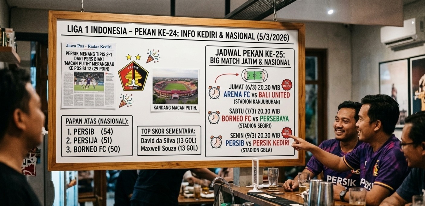 Hasil Liga 1 2026: Persik Kediri menang 2-1 atas PSBS Biak, Persib Bandung tetap di puncak klasemen. Simak jadwal lengkap pekan ke-25 dan update klasemen terbaru!