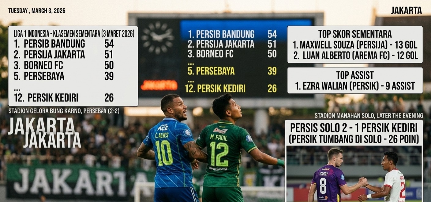 Update Liga 1 2026: Persib Bandung nyaman di puncak klasemen, Persebaya Surabaya imbang, Persik Kediri kalah tipis dari Persis Solo. 